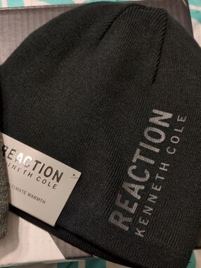 2 Kenneth Cole Reaction Black and Grey  Knit Logo Beanie
